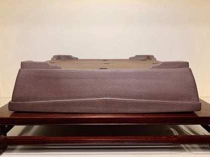 Purple Clay Rectangular Pot with Outer Rim and Sectioned Cut Feet Japan Flower Pot by Nakano Hiroshi