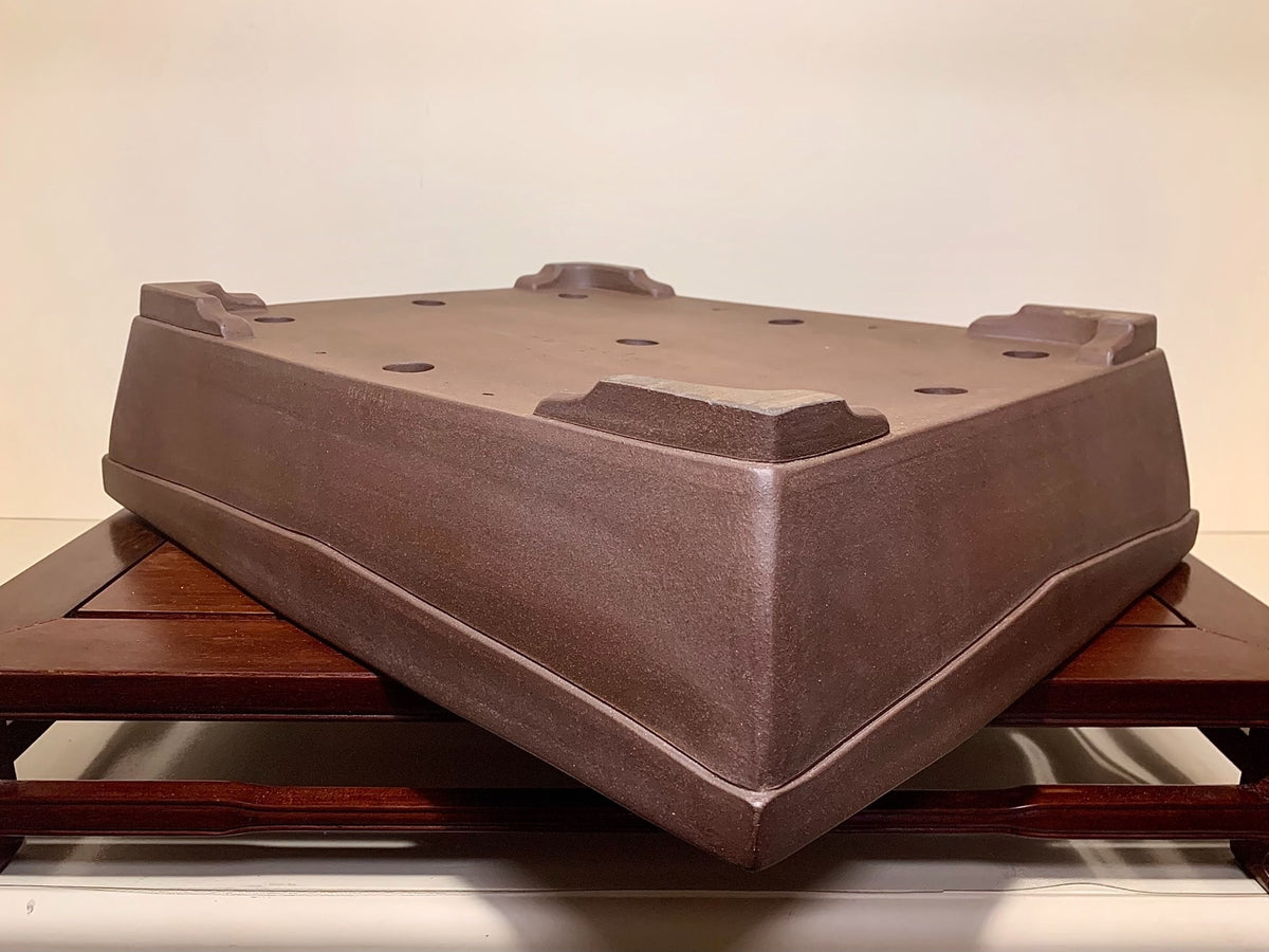 Purple Clay Rectangular Pot with Outer Rim and Sectioned Cut Feet Japan Flower Pot by Nakano Hiroshi