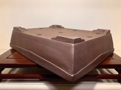 Purple Clay Rectangular Pot with Outer Rim and Sectioned Cut Feet Japan Flower Pot by Nakano Hiroshi