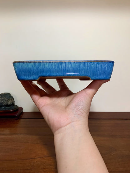 A hand holds a small, rectangular blue glazed bonsai pot with a textured surface.