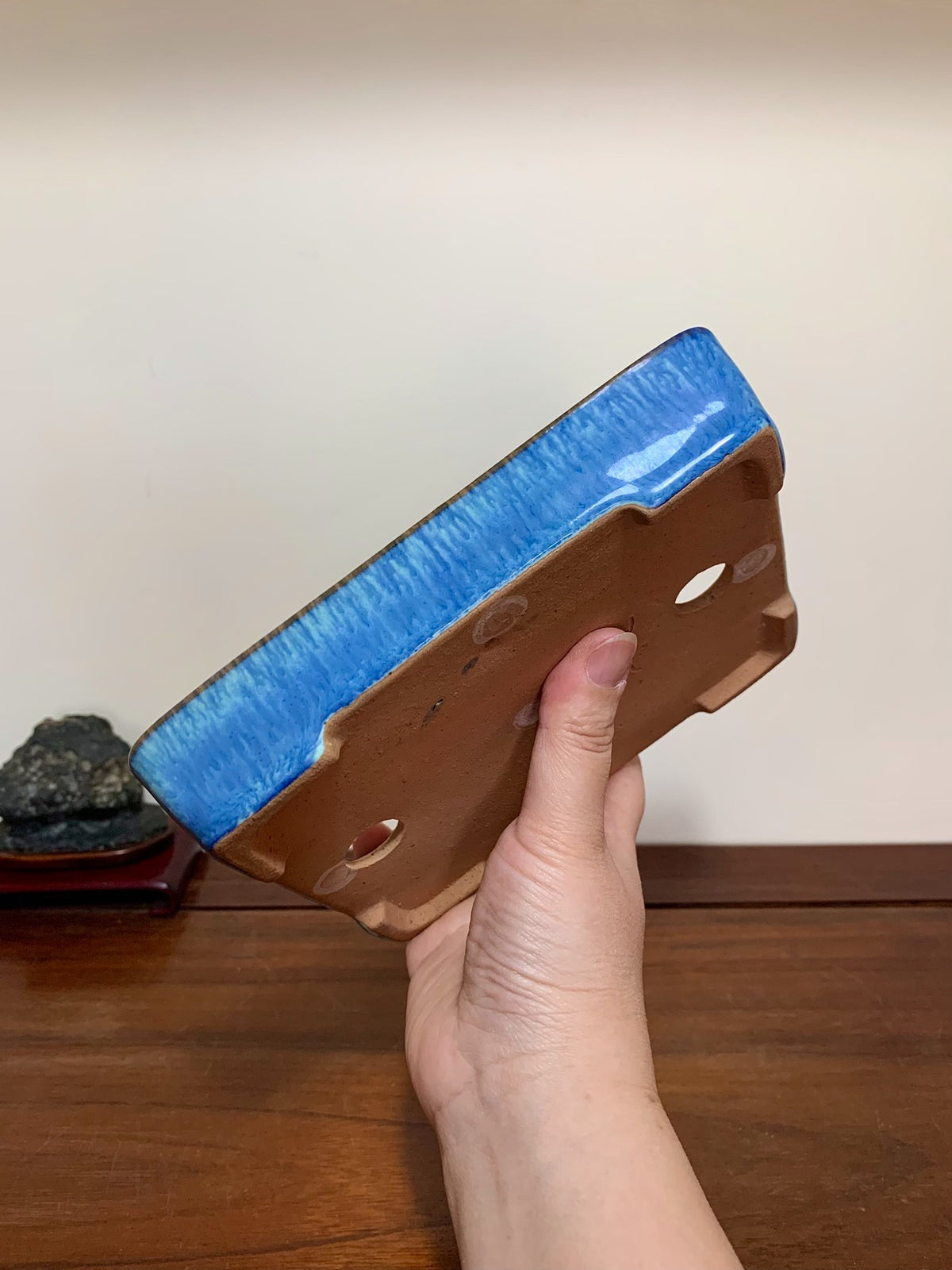 Blue Glaze Kiln-Transmuted Cut-Foot Rectangular Maple Tree Pot by Yamafusa