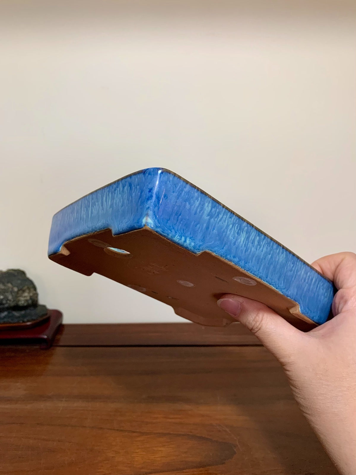 Blue Glaze Kiln-Transmuted Cut-Foot Rectangular Maple Tree Pot by Yamafusa