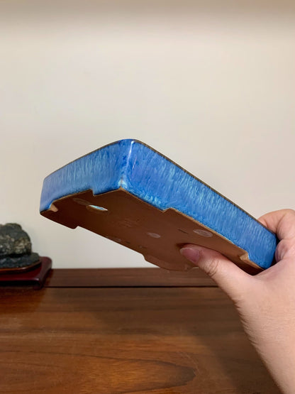 Blue Glaze Kiln-Transmuted Cut-Foot Rectangular Maple Tree Pot by Yamafusa