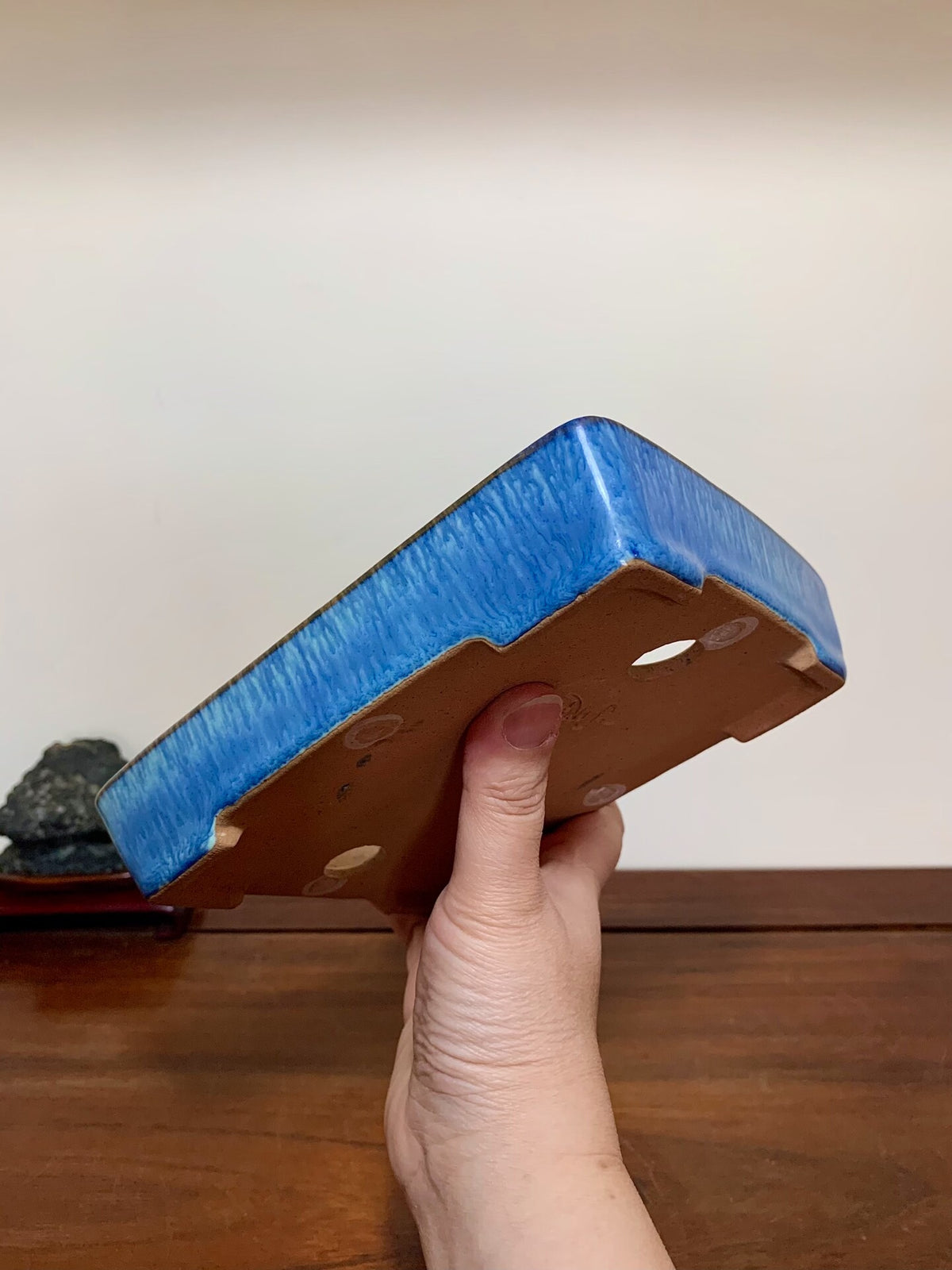 Blue Glaze Kiln-Transmuted Cut-Foot Rectangular Maple Tree Pot by Yamafusa