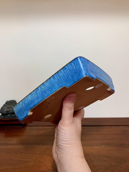 Blue Glaze Kiln-Transmuted Cut-Foot Rectangular Maple Tree Pot by Yamafusa