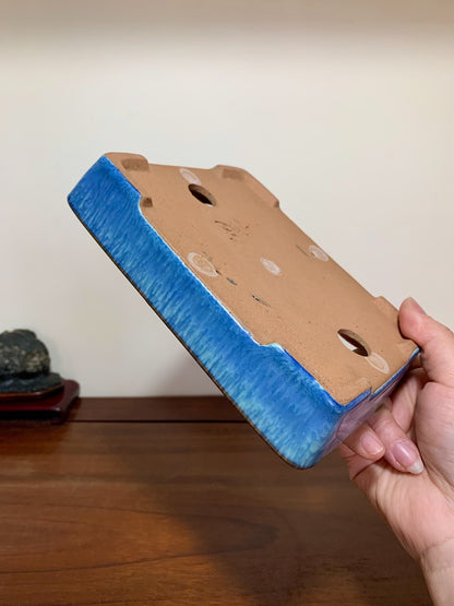 Blue Glaze Kiln-Transmuted Cut-Foot Rectangular Maple Tree Pot by Yamafusa
