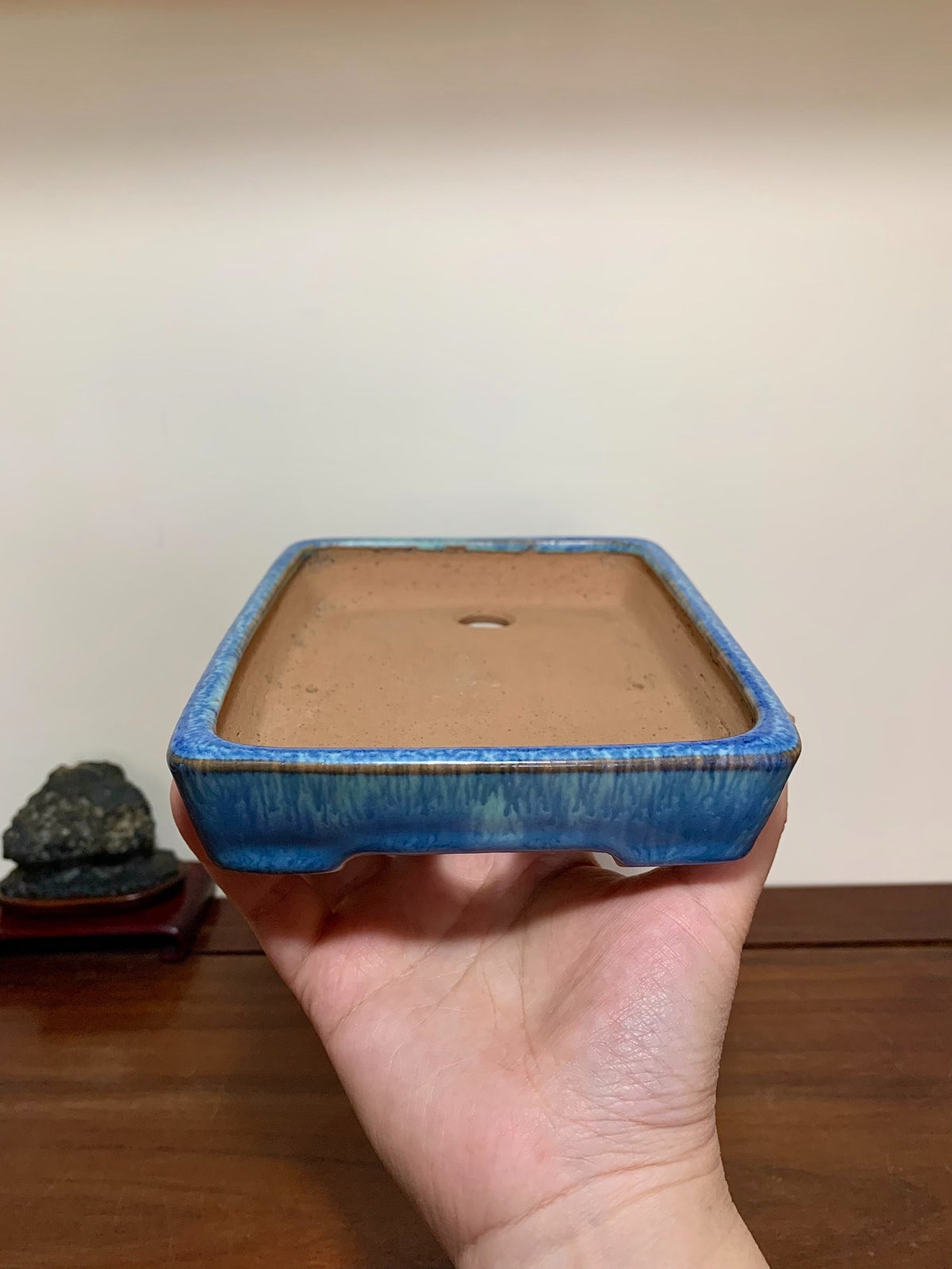 Blue Glaze Kiln-Transmuted Cut-Foot Rectangular Maple Tree Pot by Yamafusa