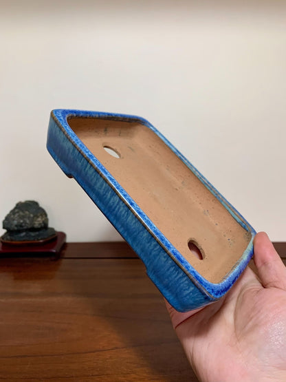 Blue Glaze Kiln-Transmuted Cut-Foot Rectangular Maple Tree Pot by Yamafusa
