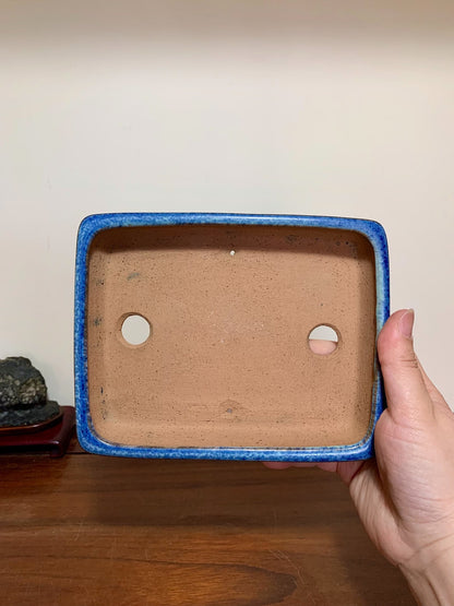 Blue Glaze Kiln-Transmuted Cut-Foot Rectangular Maple Tree Pot by Yamafusa