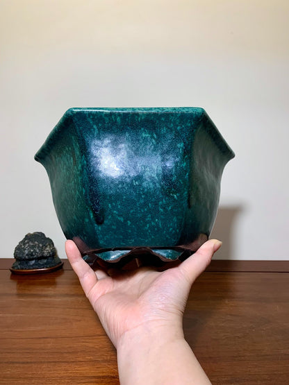 Green Glaze Kiln-Transmuted Hexagonal Large Conical Japanese Pot by Shuufu