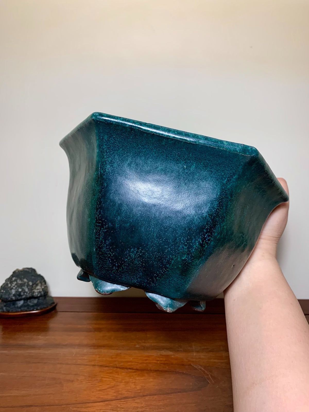 Green Glaze Kiln-Transmuted Hexagonal Large Conical Japanese Pot by Shuufu