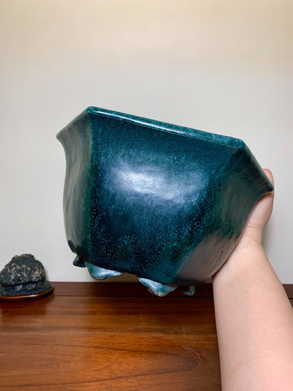 Green Glaze Kiln-Transmuted Hexagonal Large Conical Japanese Pot by Shuufu