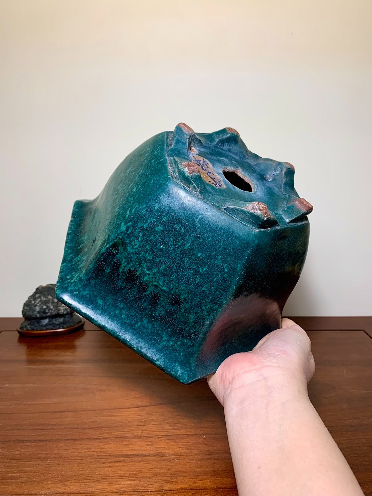 Green Glaze Kiln-Transmuted Hexagonal Large Conical Japanese Pot by Shuufu
