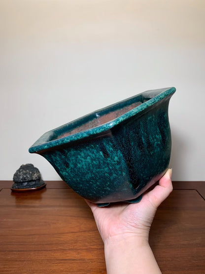 Green Glaze Kiln-Transmuted Hexagonal Large Conical Japanese Pot by Shuufu