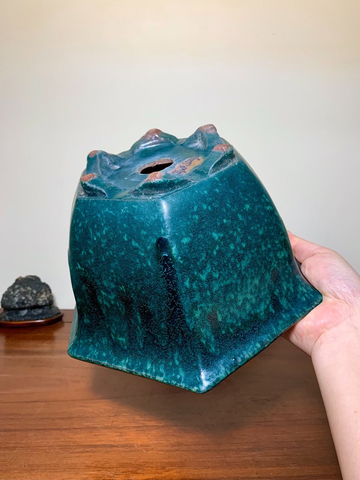 Green Glaze Kiln-Transmuted Hexagonal Large Conical Japanese Pot by Shuufu