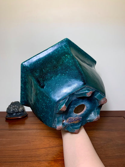 Green Glaze Kiln-Transmuted Hexagonal Large Conical Japanese Pot by Shuufu