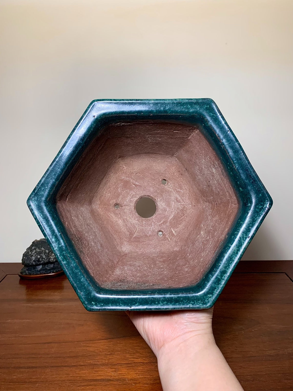 Green Glaze Kiln-Transmuted Hexagonal Large Conical Japanese Pot by Shuufu