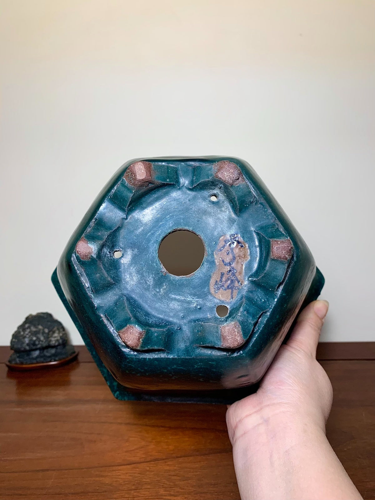 Green Glaze Kiln-Transmuted Hexagonal Large Conical Japanese Pot by Shuufu