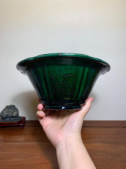 Green Glaze Kiln-Transmuted Wheel-Patterned Large Conical Japanese Pot by Shuufu