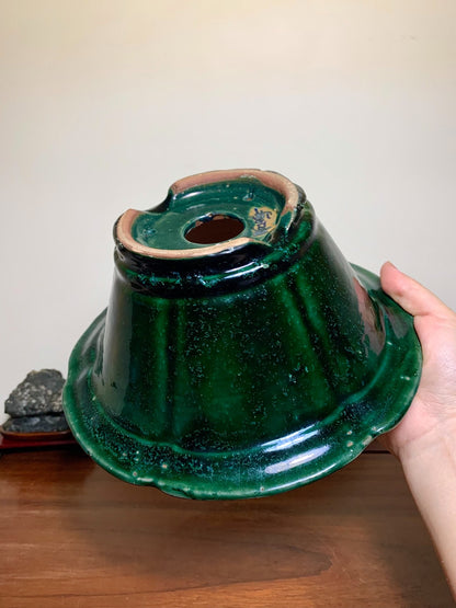 Green Glaze Kiln-Transmuted Wheel-Patterned Large Conical Japanese Pot by Shuufu