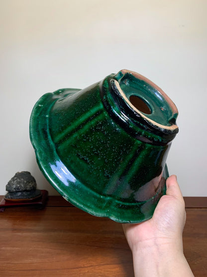 Green Glaze Kiln-Transmuted Wheel-Patterned Large Conical Japanese Pot by Shuufu