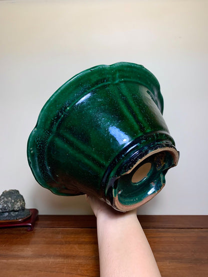 Green Glaze Kiln-Transmuted Wheel-Patterned Large Conical Japanese Pot by Shuufu