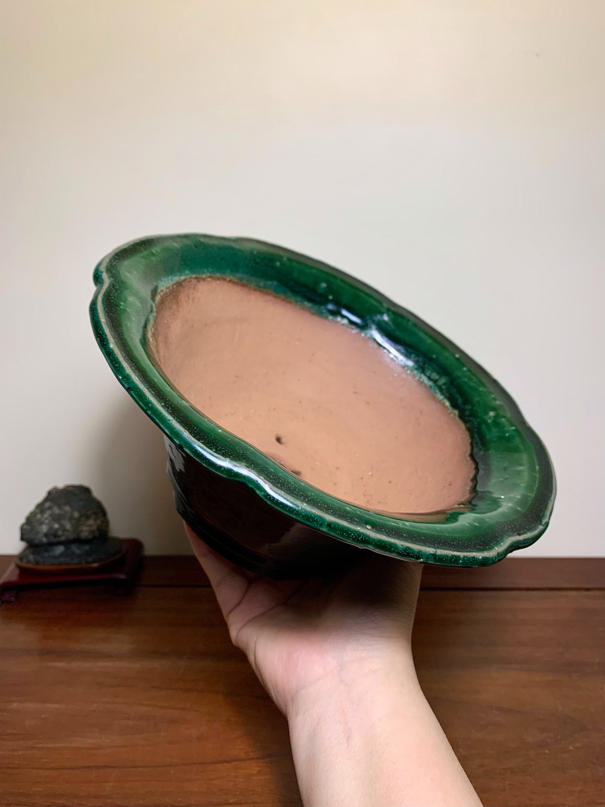Green Glaze Kiln-Transmuted Wheel-Patterned Large Conical Japanese Pot by Shuufu