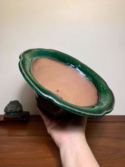 Green Glaze Kiln-Transmuted Wheel-Patterned Large Conical Japanese Pot by Shuufu