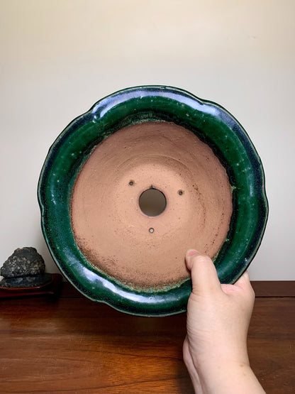 Green Glaze Kiln-Transmuted Wheel-Patterned Large Conical Japanese Pot by Shuufu