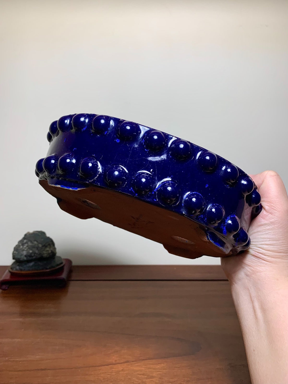 Ruri Blue Glaze Double-Studded Oval Japanese Bonsai Pot by Shuufu