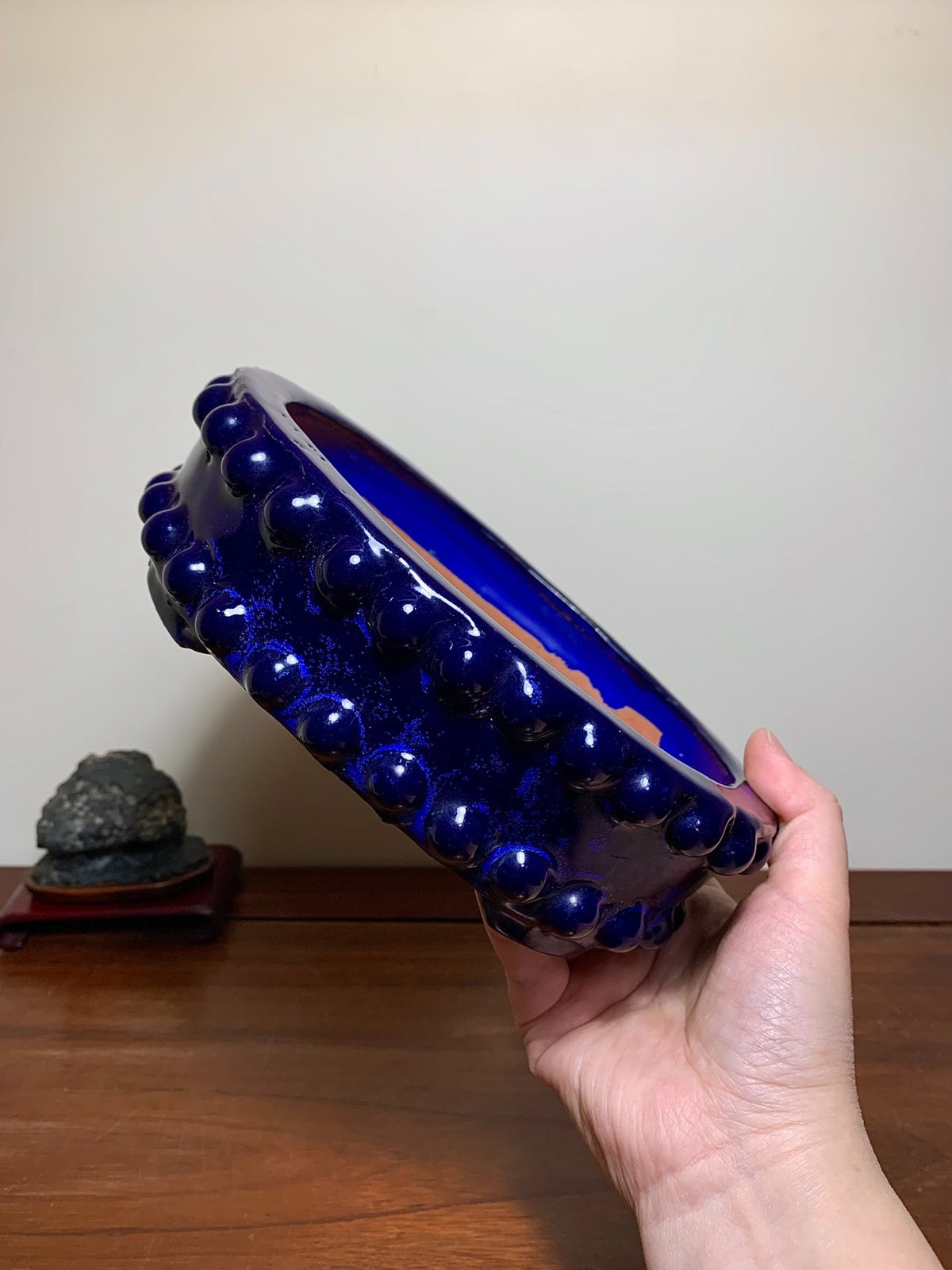 Ruri Blue Glaze Double-Studded Oval Japanese Bonsai Pot by Shuufu