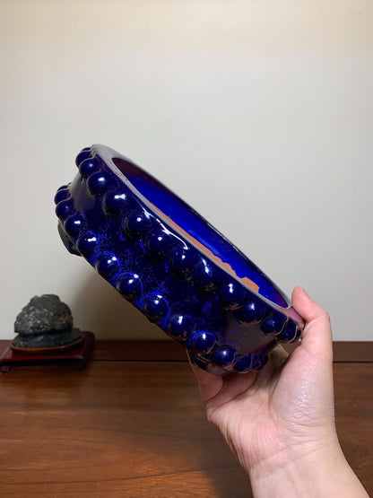 Ruri Blue Glaze Double-Studded Oval Japanese Bonsai Pot by Shuufu