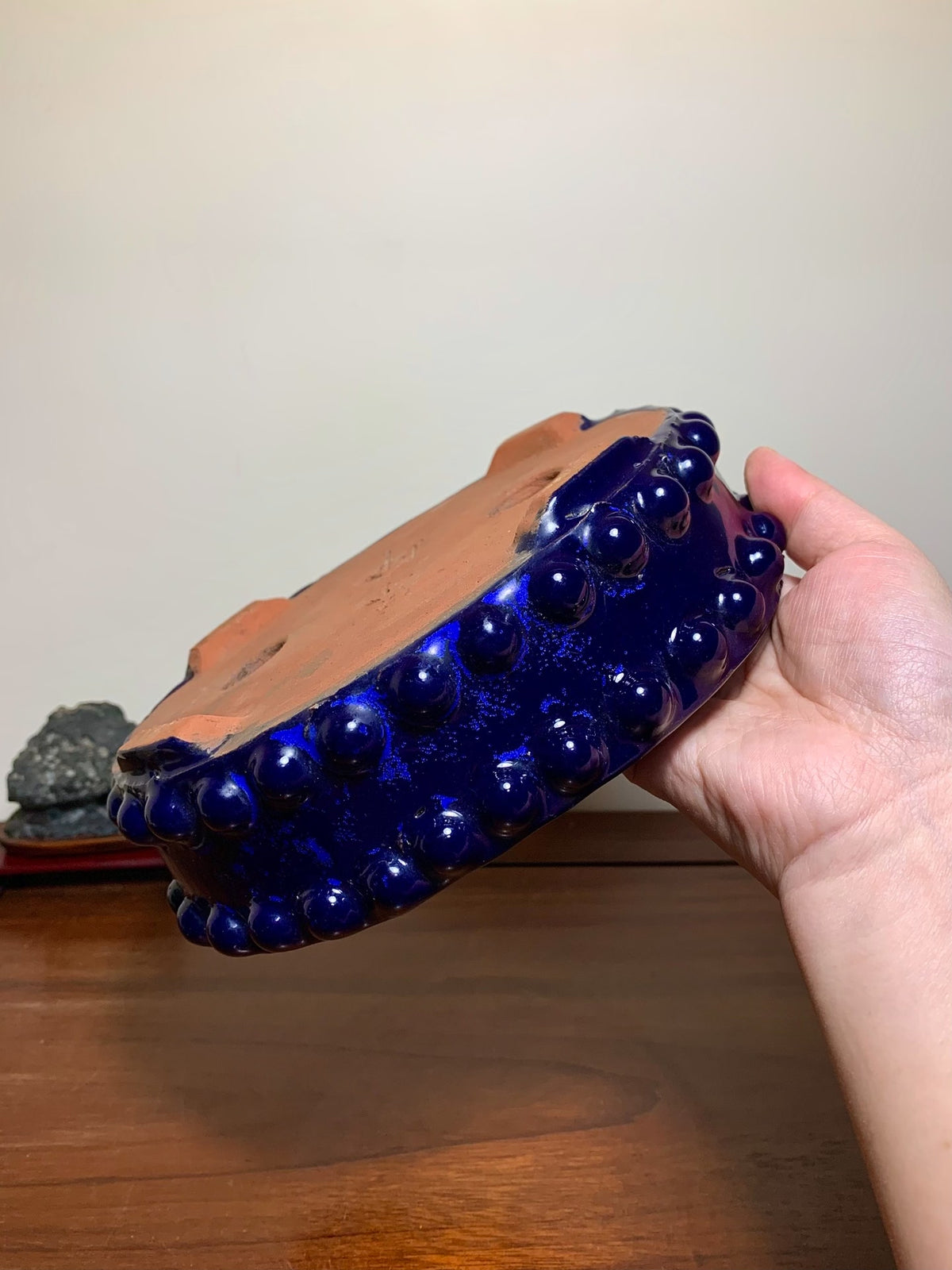 Ruri Blue Glaze Double-Studded Oval Japanese Bonsai Pot by Shuufu