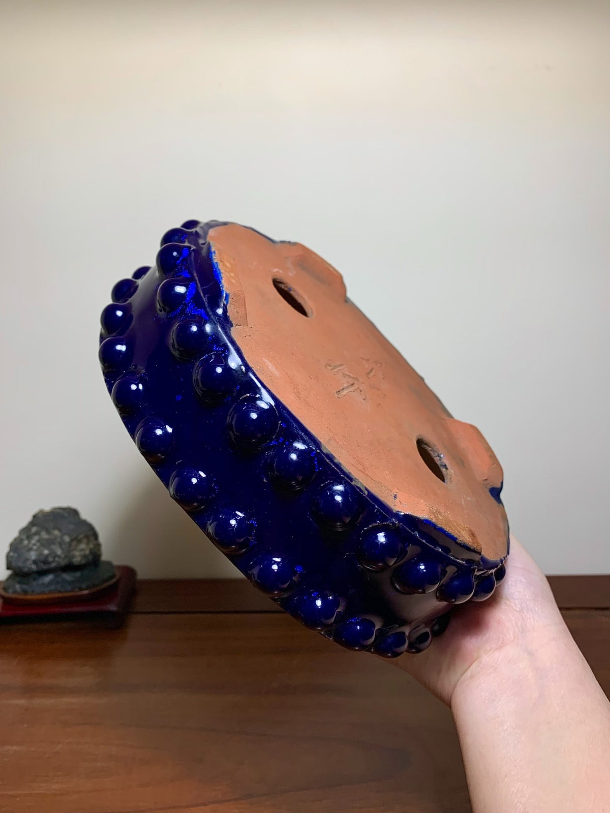 Ruri Blue Glaze Double-Studded Oval Japanese Bonsai Pot by Shuufu
