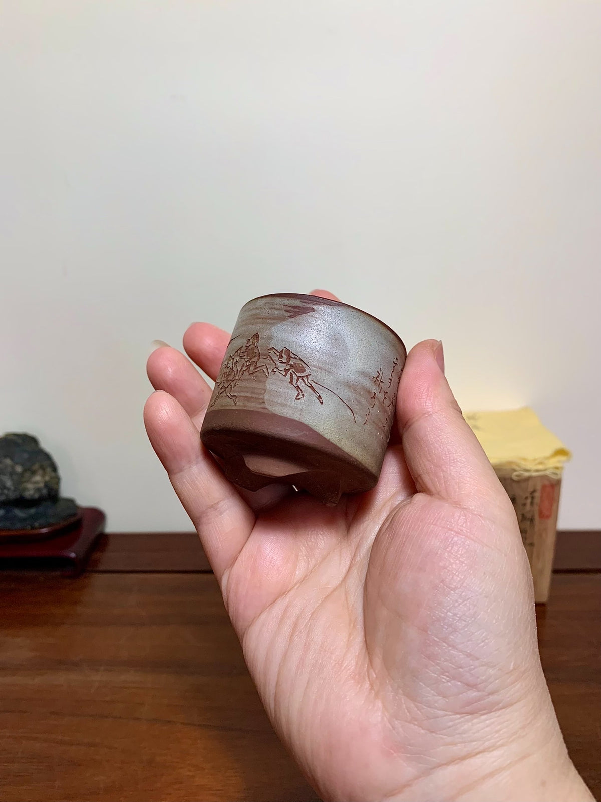 Asai Chasen Incised Small Cylindrical Pot Japanese Bonsai Pot