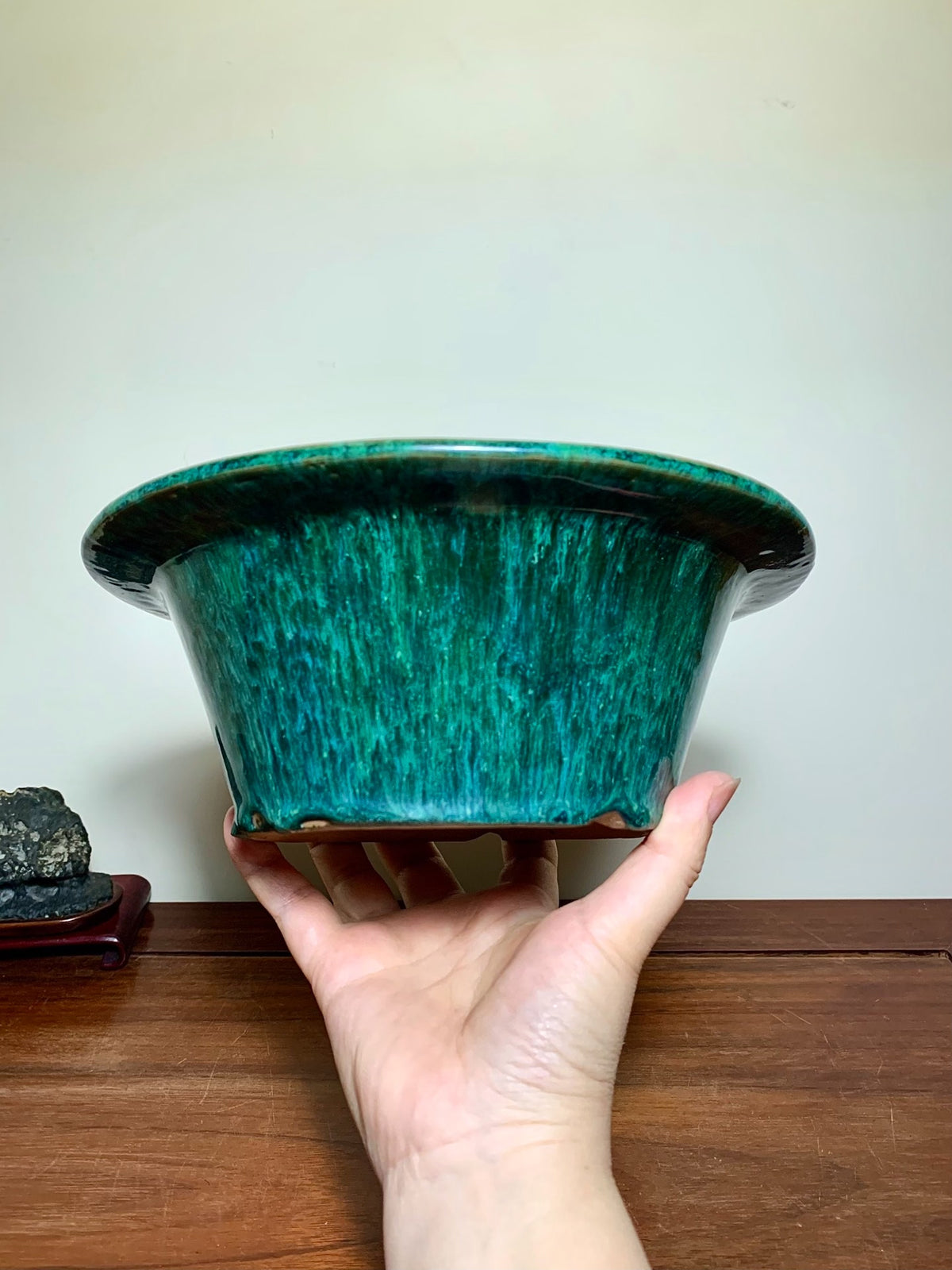 Green Glaze Kiln-Transmuted Large Conical Japanese Pot by Shuufu
