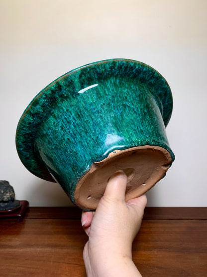 Green Glaze Kiln-Transmuted Large Conical Japanese Pot by Shuufu