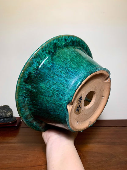 Green Glaze Kiln-Transmuted Large Conical Japanese Pot by Shuufu
