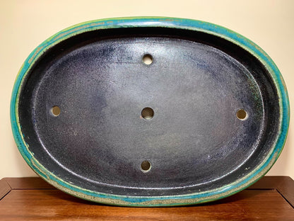 Sen Dai Kōyō Cloth-Textured Glaze Outer Rim Oval Japanese Flower Pot