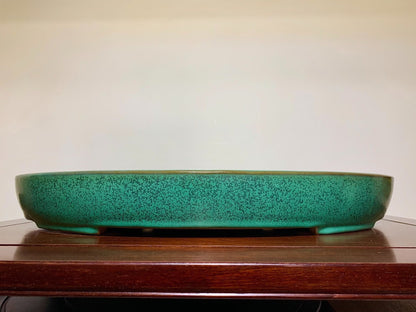 A low, wide, teal-glazed ceramic pot with speckled surface rests on a wooden surface.