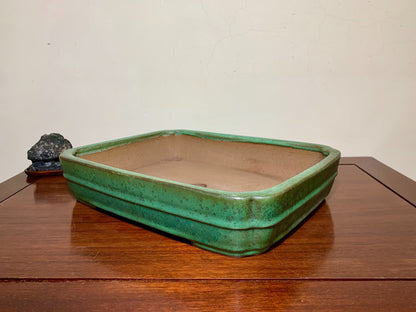 Cloth-Textured Glaze, Middle Band, Corner-Inset Rectangular, Japanese Flower Pot by Yamafusa