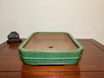 Cloth-Textured Glaze, Middle Band, Corner-Inset Rectangular, Japanese Flower Pot by Yamafusa