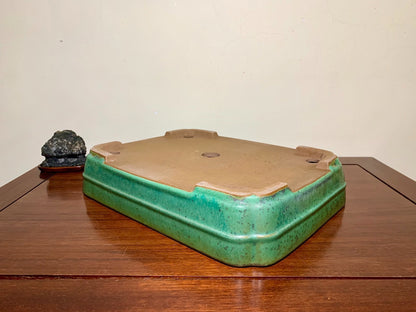 Cloth-Textured Glaze, Middle Band, Corner-Inset Rectangular, Japanese Flower Pot by Yamafusa