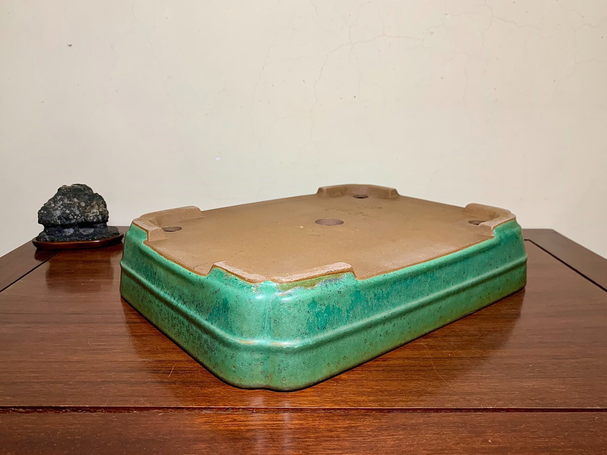 Cloth-Textured Glaze, Middle Band, Corner-Inset Rectangular, Japanese Flower Pot by Yamafusa