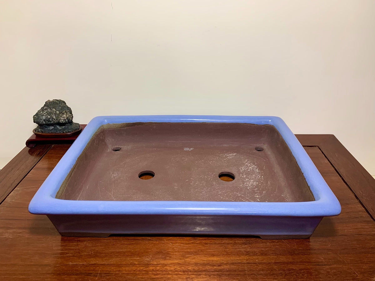 Matsuizan Aki Blue Kinyo Glaze Outer Rim Cut Standing Rectangular Japanese Flower Pot