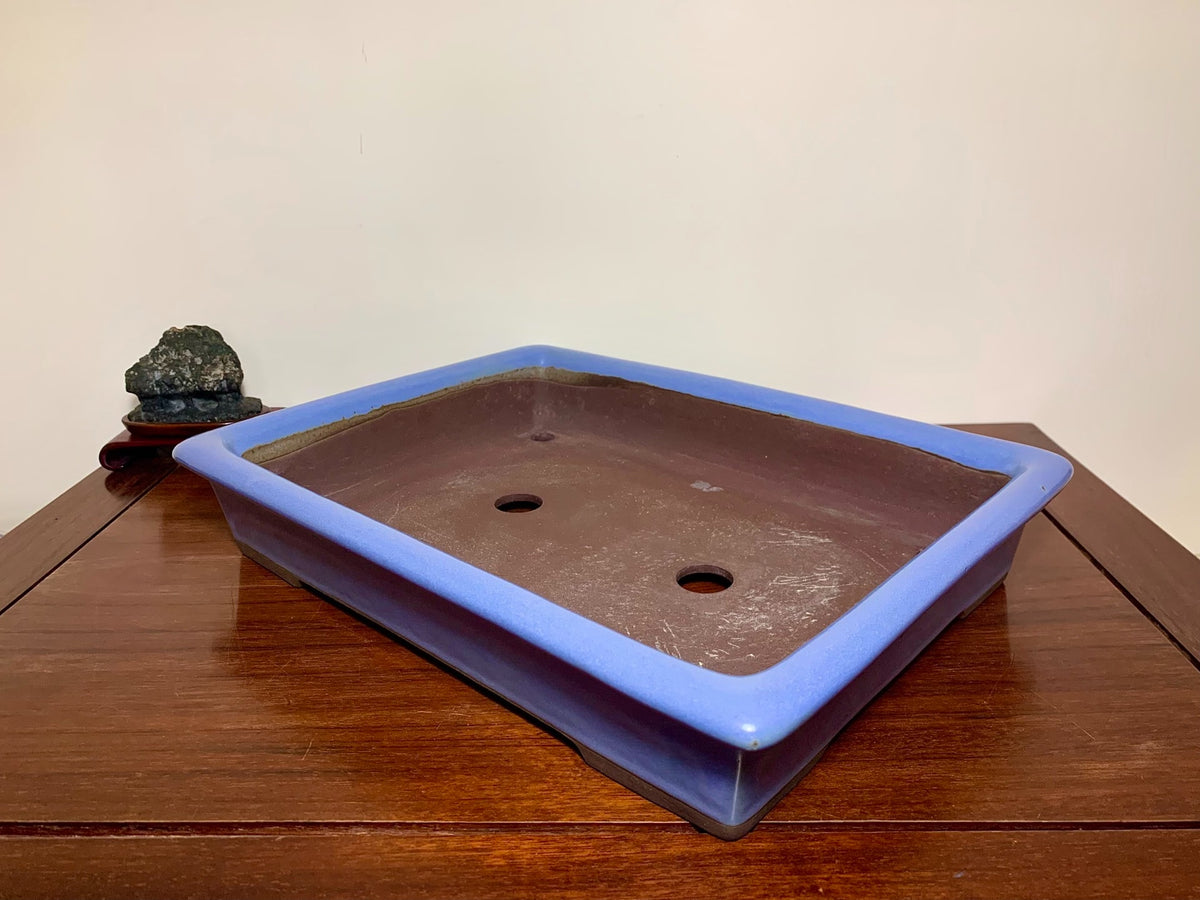 Matsuizan Aki Blue Kinyo Glaze Outer Rim Cut Standing Rectangular Japanese Flower Pot