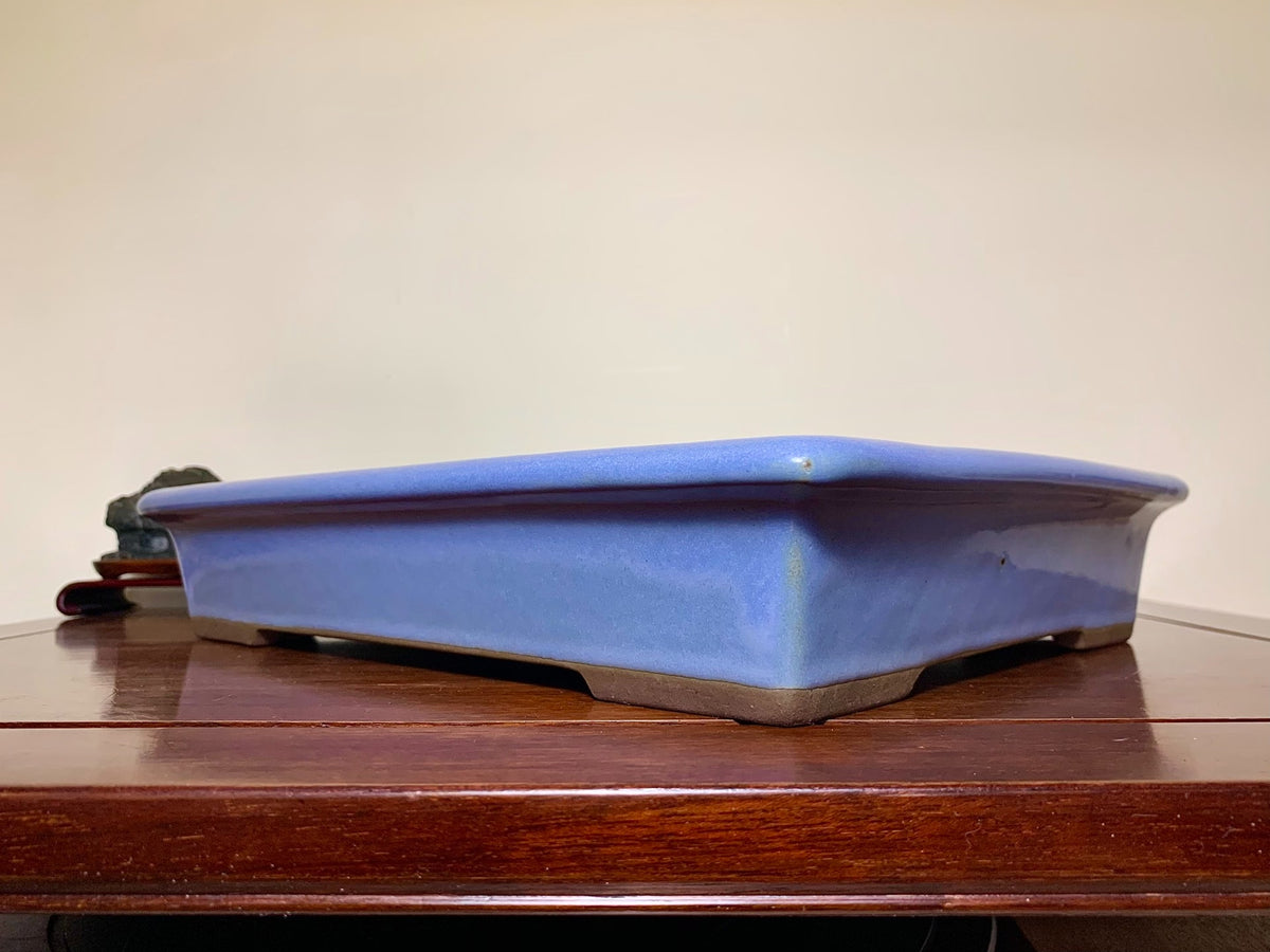 Matsuizan Aki Blue Kinyo Glaze Outer Rim Cut Standing Rectangular Japanese Flower Pot