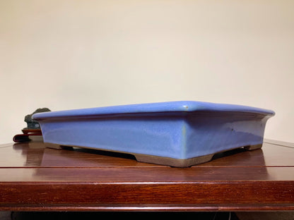 Matsuizan Aki Blue Kinyo Glaze Outer Rim Cut Standing Rectangular Japanese Flower Pot