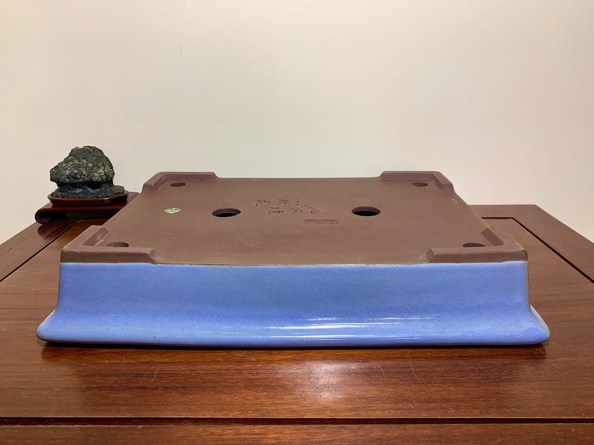 Matsuizan Aki Blue Kinyo Glaze Outer Rim Cut Standing Rectangular Japanese Flower Pot