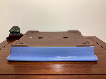 Matsuizan Aki Blue Kinyo Glaze Outer Rim Cut Standing Rectangular Japanese Flower Pot